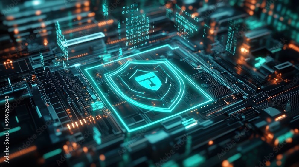 Obraz premium A digital circuit board featuring a glowing shield symbol, representing cybersecurity.