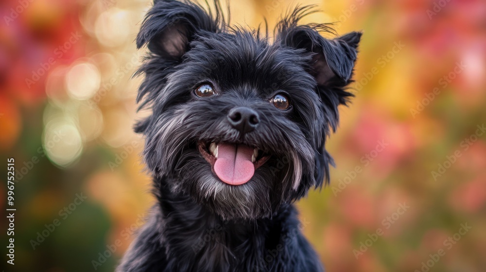 A cheerful black dog with a playful expression against a colorful blurred background. A cheerful black dog with a playful expression against a colorful blurred background.