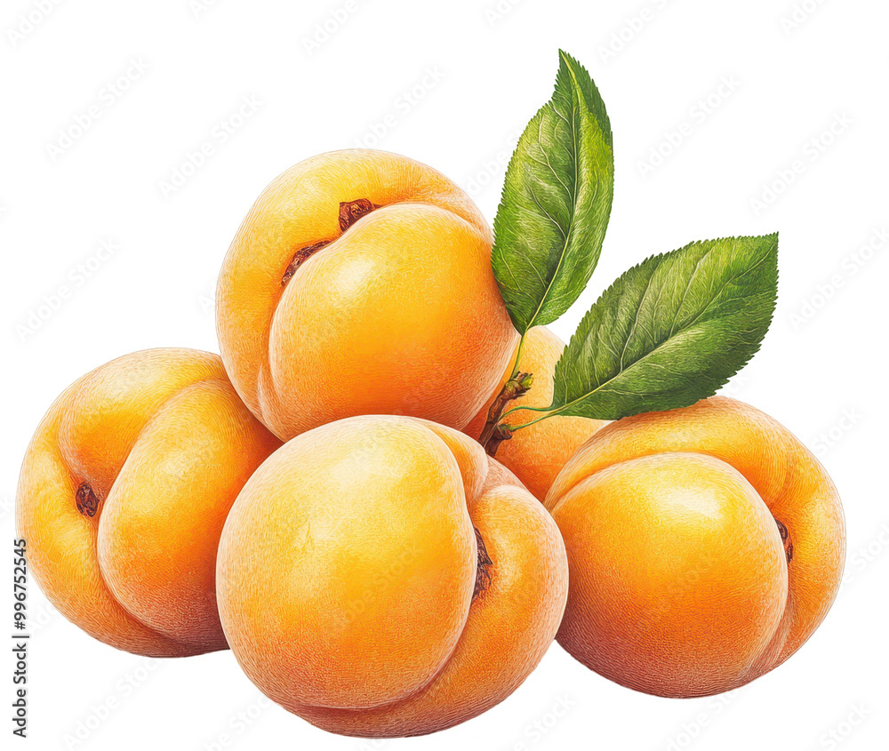 Ripe apricots with green leaves illustrated on transparent background.