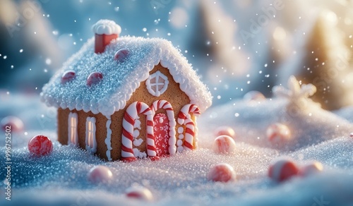Snow-covered Gingerbread House in Winter Wonderland Setting With Candy Decorations