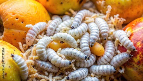 Close-up of a cluster of white, legless, and squirmy maggots crawling on a decaying piece of fruit, surrounded by tiny eggs and organic debris.