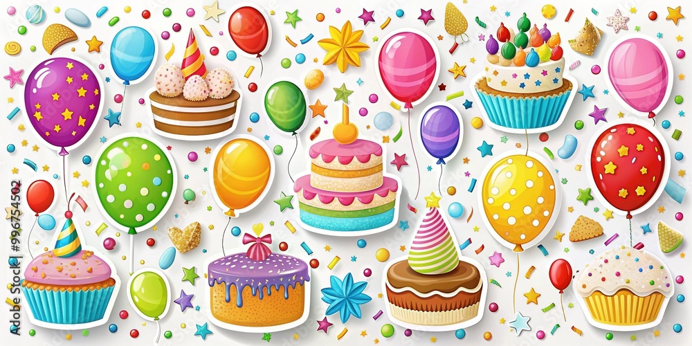 Colorful stickers with event icons such as balloons, cakes, and confetti decorate a white background, perfect for party and celebration-themed designs and invitations. Colorful stickers with event icons such as balloons, cakes, and confetti decorate a white background, perfect for party and celebration-themed designs and invitations.