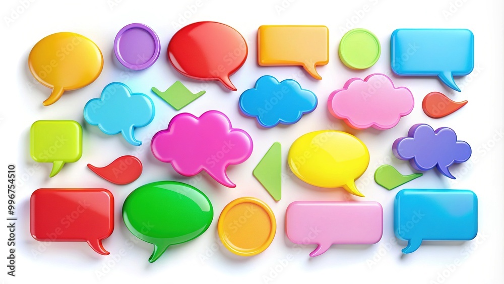 Colorful speech bubbles and chat boxes in various shapes and styles, isolated on a white background, ideal for communication, messaging, and conversation concepts. Colorful speech bubbles and chat boxes in various shapes and styles, isolated on a white background, ideal for communication, messaging, and conversation concepts.