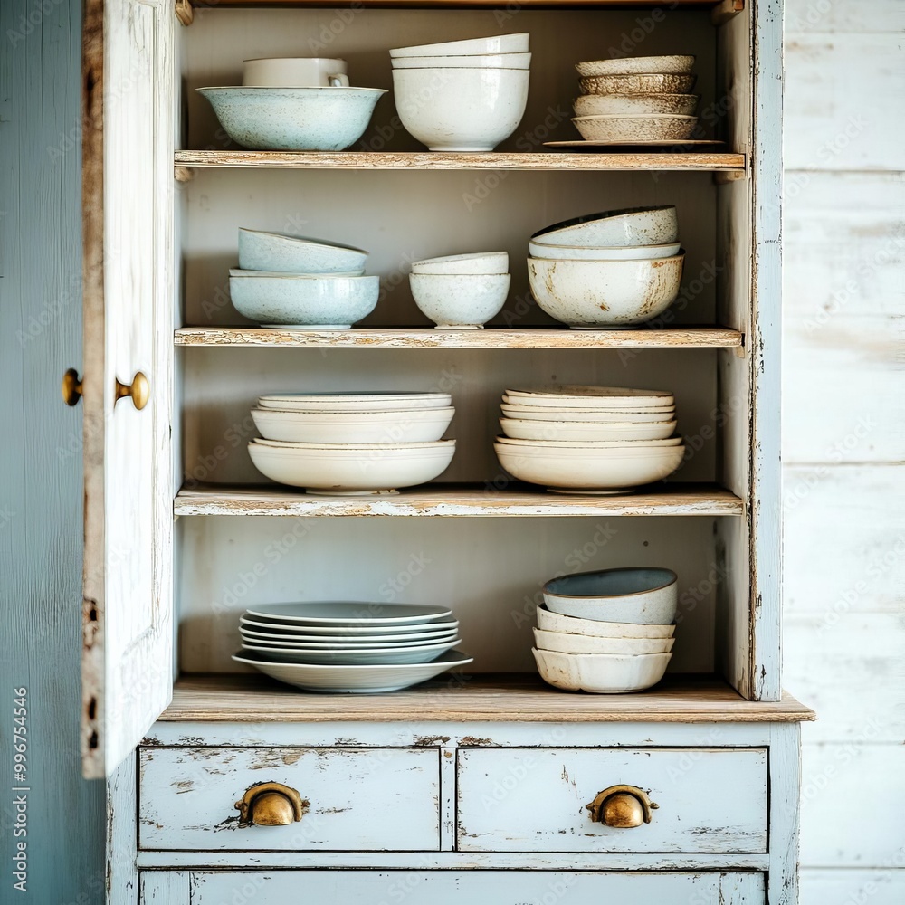Old kitchen cabinet with tarnished brass handles, chipped paint, and cracked shelves, filled with antique dishes, evoking farmhouse charm Old kitchen cabinet with tarnished brass handles, chipped paint, and cracked shelves, filled with antique dishes, evoking farmhouse charm