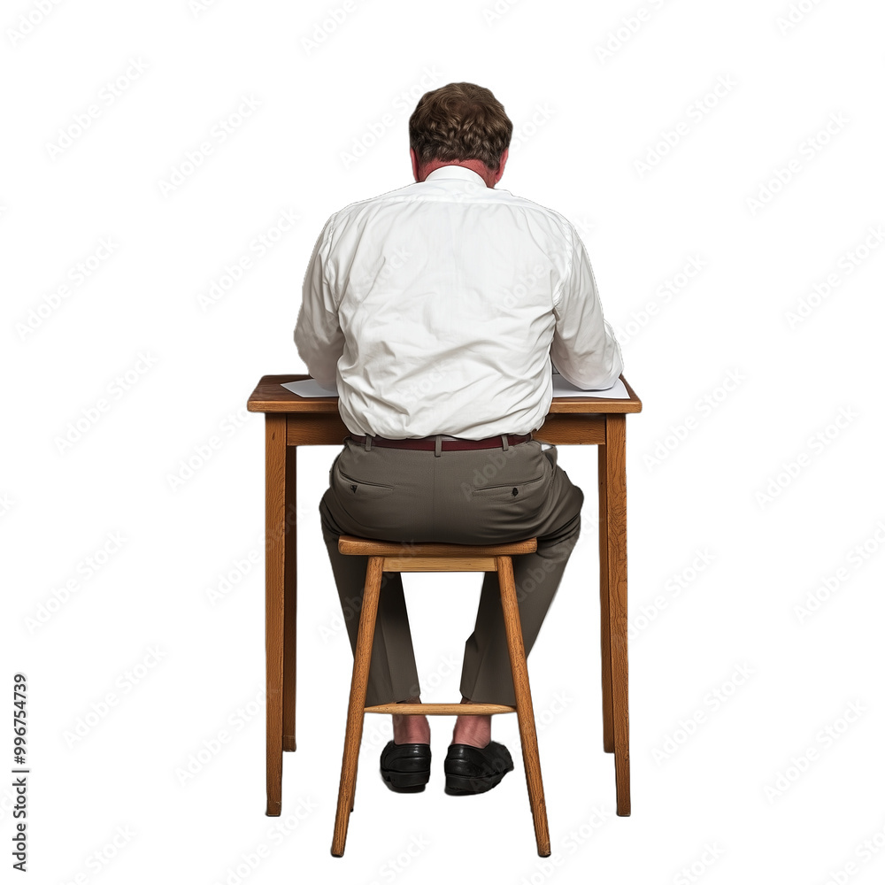 Fototapeta premium Rear view of a man in white shirt sitting at a desk, writing notes on a transparent background