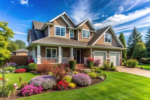 Cozy, renovated, modern suburban home with a green lawn, blooming flowers, and a blue sky, conveying a sense of freedom and relaxed living. photo