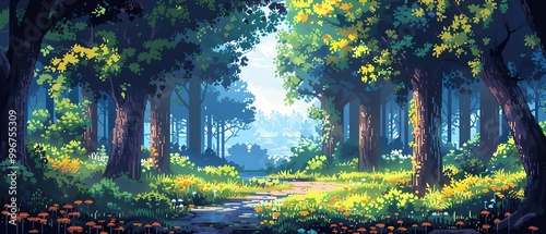 2D pixel art forest with tall trees, wildlife, and a hidden path leading to a mysterious cave