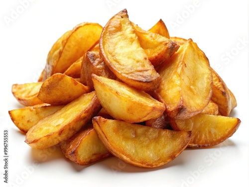 Crispy golden fried potato wedges isolated on a white background, perfectly cooked to a delicious crunch, adding a savory touch to any meal.