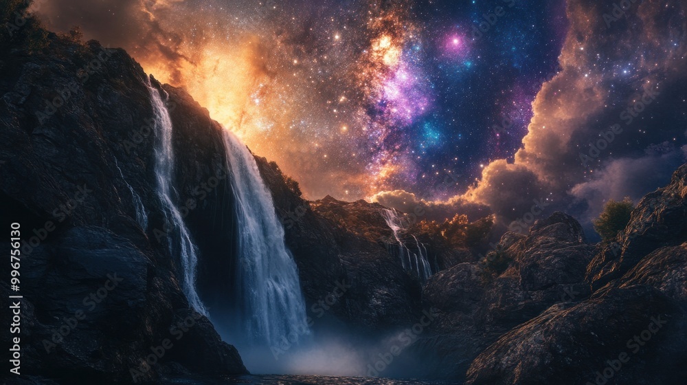 Colorful waterfall with milky way Colorful waterfall with milky way