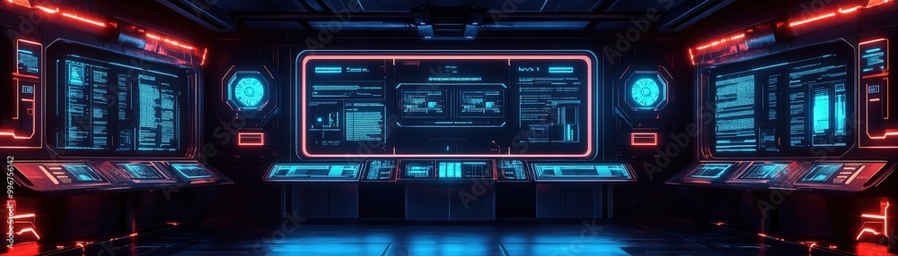 Futuristic control room featuring glowing screens and neon lights, perfect for sci-fi and technology themes. Futuristic control room featuring glowing screens and neon lights, perfect for sci-fi and technology themes.