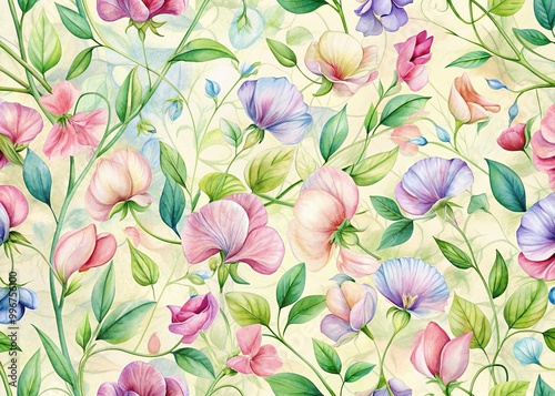 Delicate pastel sweet peas bloom amidst intricate watercolor florals, creating a whimsical and charming vintage-inspired pattern perfect for spring and summer designs.