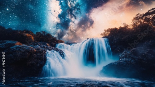 Colorful waterfall with milky way