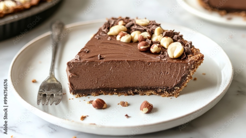 Pie with hazelnut and dark chocolate mousse on a white plate, served with a fork. Pie with hazelnut and dark chocolate mousse on a white plate, served with a fork.