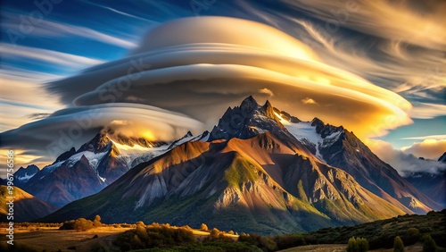 Dramatic lenticular cloud formation hovers above majestic mountain peaks, casting a surreal shadow on the rugged landscape, with a hint of misty atmosphere. photo