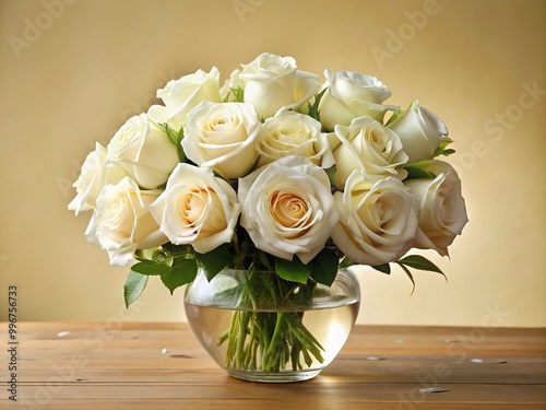 Elegant centerpiece featuring a bouquet of fresh white roses, delicately arranged in a clear glass vase on a soft, cream-colored background.