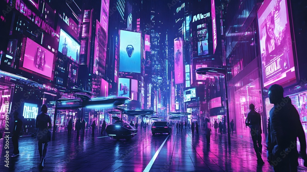 Cyber Monday Retail Utopia with Autonomous Delivery Drones Sleek Hover Vehicles and Shimmering Augmented Reality Displays in a Neon Lit Cityscape Cyber Monday Retail Utopia with Autonomous Delivery Drones Sleek Hover Vehicles and Shimmering Augmented Reality Displays in a Neon Lit Cityscape