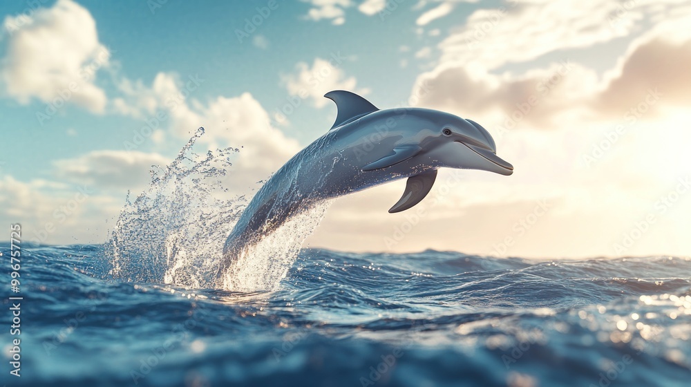 Fototapeta premium A dolphin gracefully leaps above ocean waves against a vibrant sunset backdrop.