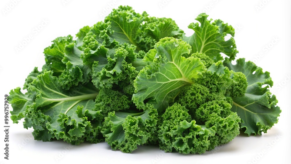 Fresh green curly kale leaves isolated on white background, crispy and healthy, perfect for salad or smoothie, highlighting nutritious superfood benefits. Fresh green curly kale leaves isolated on white background, crispy and healthy, perfect for salad or smoothie, highlighting nutritious superfood benefits.