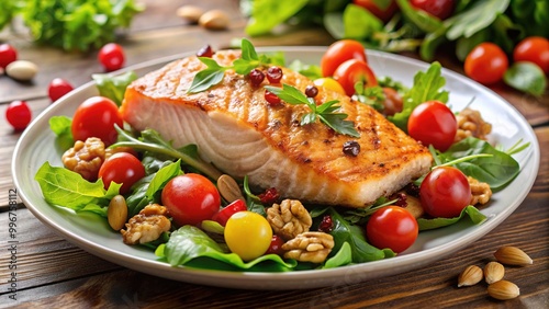 Fresh grilled salmon fillet on a bed of mixed greens with cherry tomatoes and nuts, symbolizing a balanced and nutritious healthy diet concept. photo