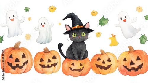 Magical Halloween Scene with Black Cat in Witch Hat, Jack-O'-Lanterns, and Ghosts in Watercolor Style