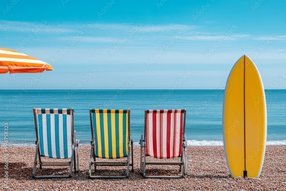 Bright beach scene with colorful chairs and a surfboard. Perfect for summer vibes and holiday dreams. Relaxing spot by the ocean. Generative AI Bright beach scene with colorful chairs and a surfboard. Perfect for summer vibes and holiday dreams. Relaxing spot by the ocean. Generative AI