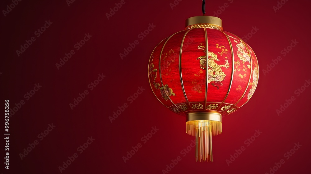 Square Chinese lantern in red with gold detailing and cartoon-style traditional patterns Square Chinese lantern in red with gold detailing and cartoon-style traditional patterns