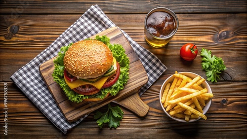 Freshly cut sandwich, crispy fries, and juicy burger patty, partially consumed, on a wooden table, surrounded by napkins and a glass of soda, top view.