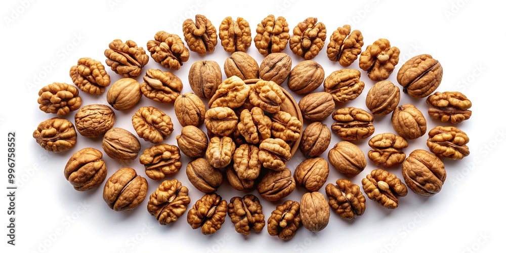 Freshly shelled walnuts arranged in a circular pattern, seen from directly above, against a clean white background, showcasing their rich brown color and intricate textures. Freshly shelled walnuts arranged in a circular pattern, seen from directly above, against a clean white background, showcasing their rich brown color and intricate textures.