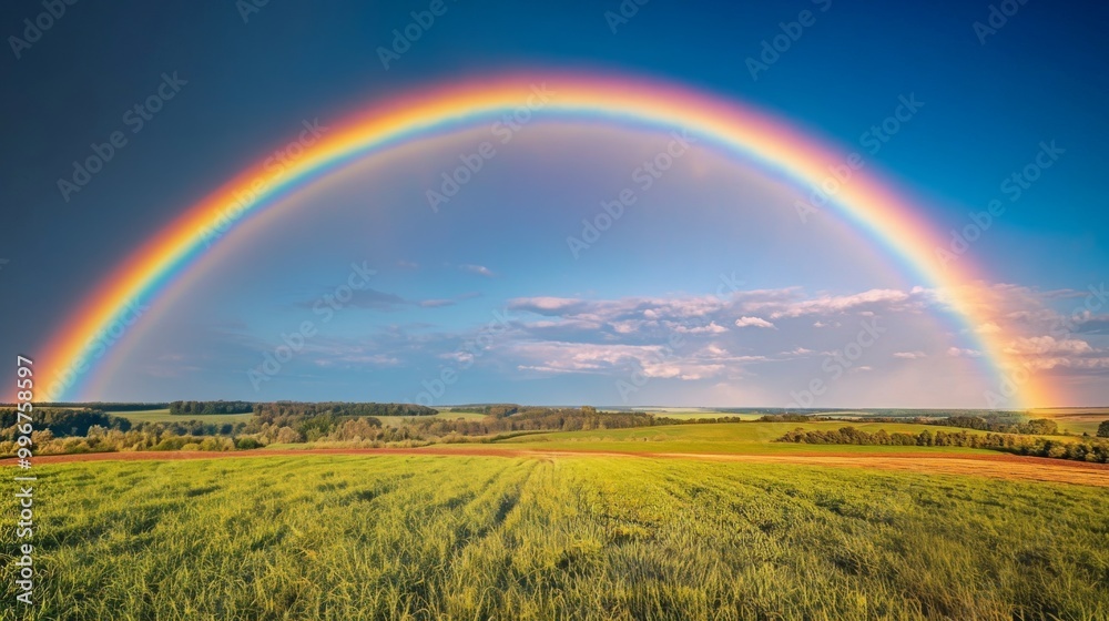 A vibrant rainbow arcs over lush green fields and a tree-lined horizon, set against a bright blue sky, creating a picturesque countryside scene A vibrant rainbow arcs over lush green fields and a tree-lined horizon, set against a bright blue sky, creating a picturesque countryside scene