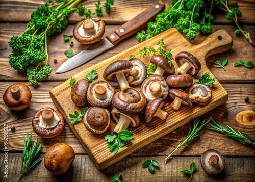 Freshly sliced Shiitake mushrooms arranged artfully on a rustic wooden cutting board, surrounded by vibrant green leafy thyme and a hint of autumnal atmosphere. photo