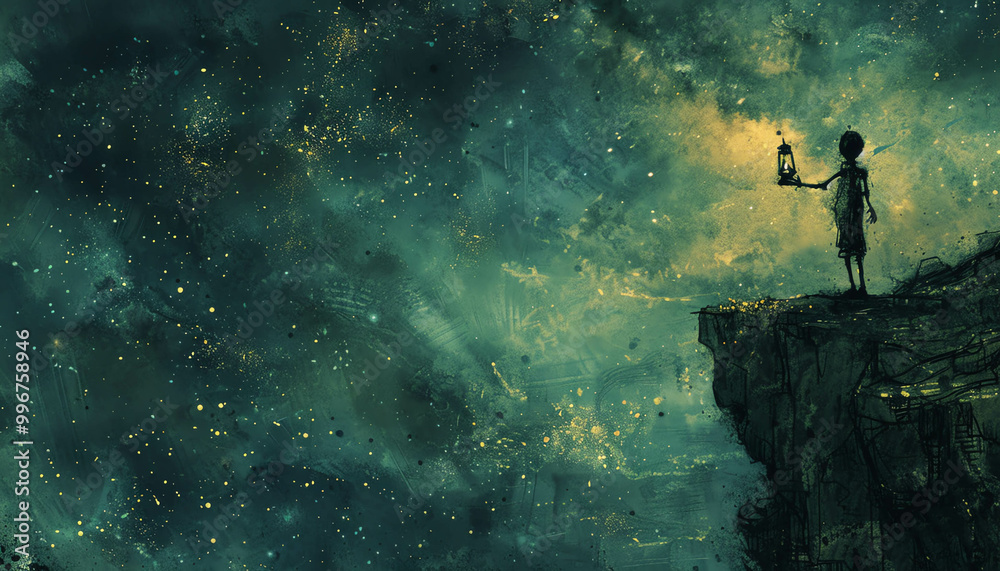 Boy standing on a cliff, reaching towards a skeletal figure holding a lantern, starry sky Boy standing on a cliff, reaching towards a skeletal figure holding a lantern, starry sky