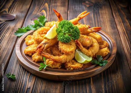 Golden crispy fried shrimp piled high on a wooden plate, garnished with fresh parsley and lemon wedges, against a rustic wooden table backdrop. photo