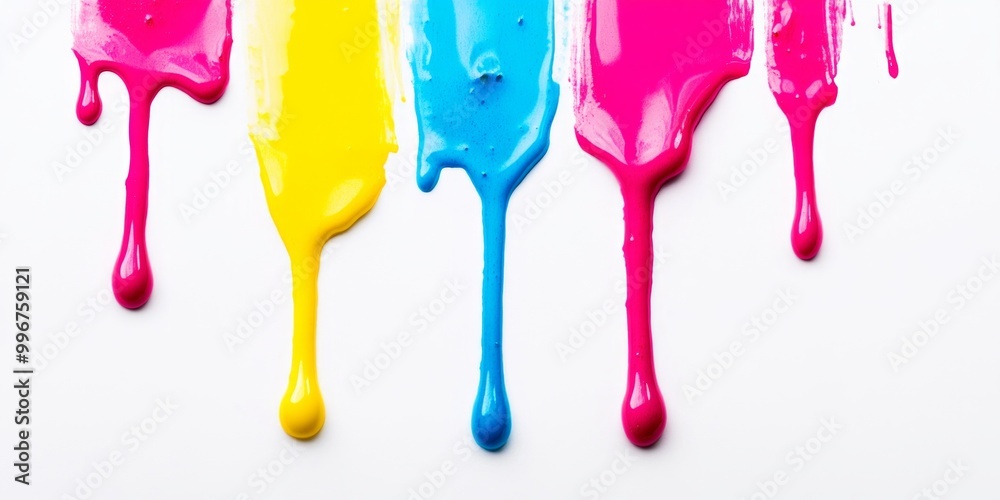 Naklejka premium Vibrant colors drip in a modern art style. Blue, yellow, and pink paint cascade down a clean white background. Perfect for creative projects and design inspiration. AI