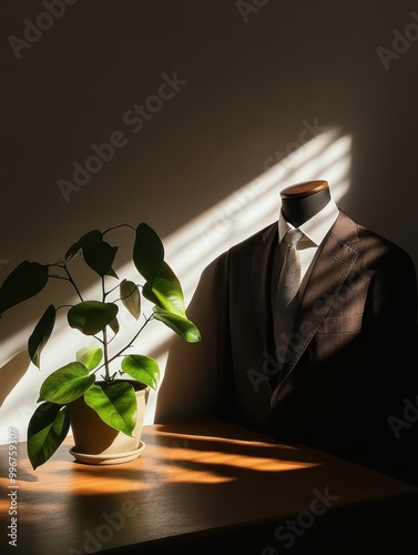 a suit and a plant on a table photo