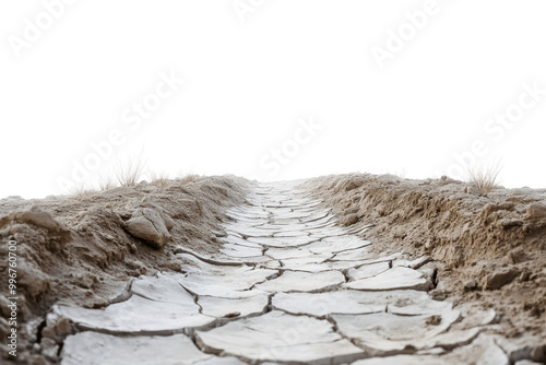 A cracked earth path leading through a barren desert landscape.