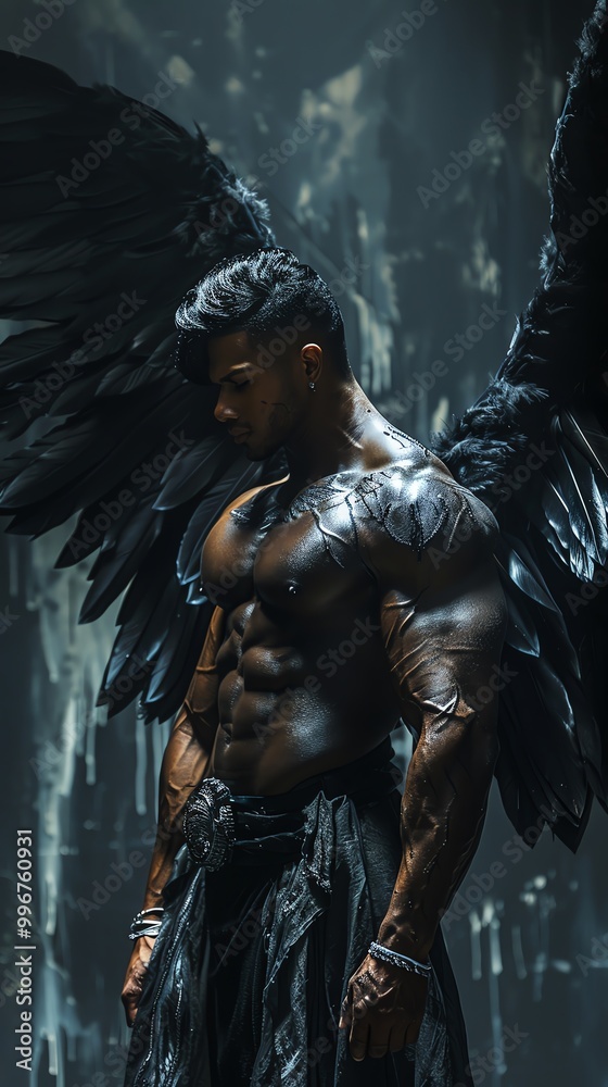 Dark angel figure, muscular body, large black wings, dramatic lighting, detailed and imposing Dark angel figure, muscular body, large black wings, dramatic lighting, detailed and imposing