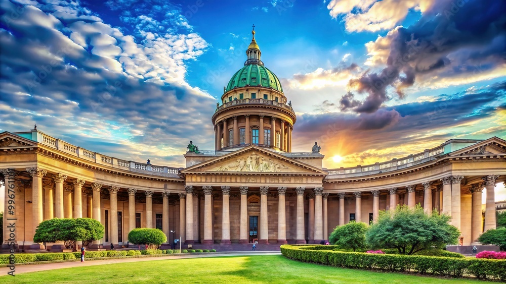 Obraz premium Majestic Kazan Cathedral in St. Petersburg, Russia, showcases stunning neoclassical architecture with soaring colonnade, grand dome, and vibrant colors against a cloudless blue sky.