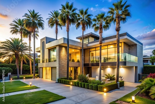 Majestic modern mansion with sleek lines, expansive windows, and lush greenery, nestled among palm trees in an exclusive Long Beach coastal neighborhood.