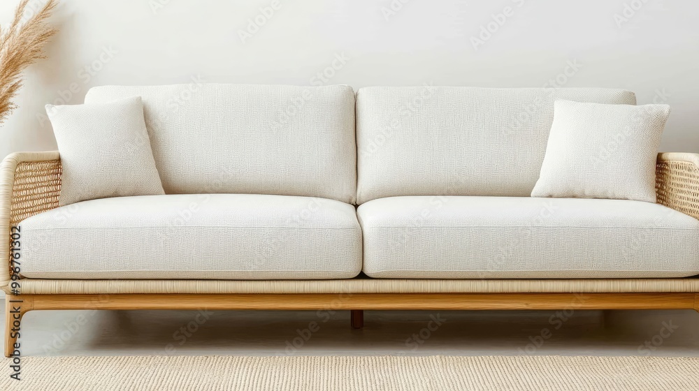 A spacious living room showcases a beige futon couch, complemented by a wooden coffee table and a white carpet, illuminated by natural light from a nearby window A spacious living room showcases a beige futon couch, complemented by a wooden coffee table and a white carpet, illuminated by natural light from a nearby window