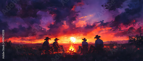A group of cowboys sits around a glowing campfire