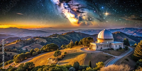 Majestic Mount Hamilton's Lick Observatory rises above the Diablo Range, surrounded by rolling hills and star-filled night sky in rural California. photo