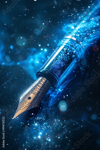 Digital fountain pen writing with glowing particles, dark blue background, futuristic and detailed, side view