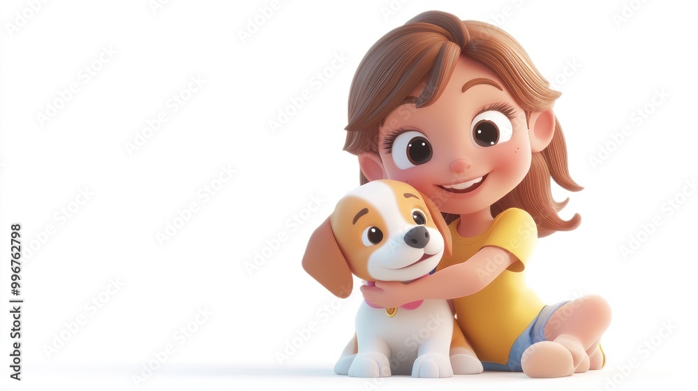 A cheerful girl hugs her cartoon dog, showcasing a moment of friendship and joy. A cheerful girl hugs her cartoon dog, showcasing a moment of friendship and joy.