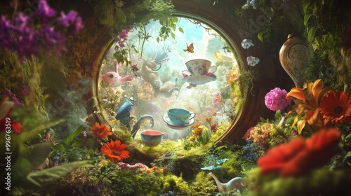 Whimsical Keyhole View: A mysterious banner background of Mad Hatter Day, no text, and wide copy space, featuring a keyhole view into a magical world filled with floating teacups