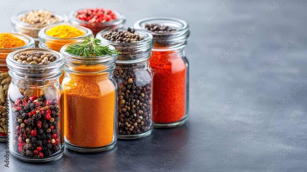 Traditional Thai Spices in Glass Jars Display Traditional Thai Spices in Glass Jars Display