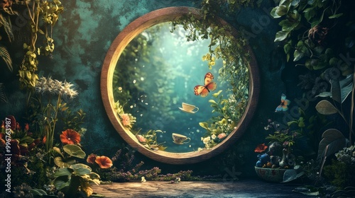 Whimsical Keyhole View: A mysterious banner background of Mad Hatter Day, no text, and wide copy space, featuring a keyhole view into a magical world filled with floating teacups