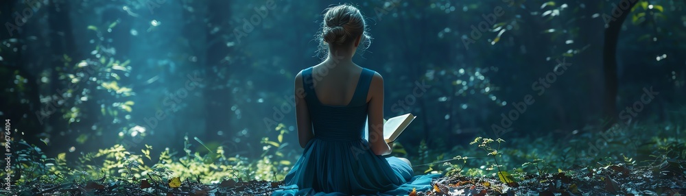 Fototapeta premium Girl in blue dress reading in dark enchanted forest, front shot