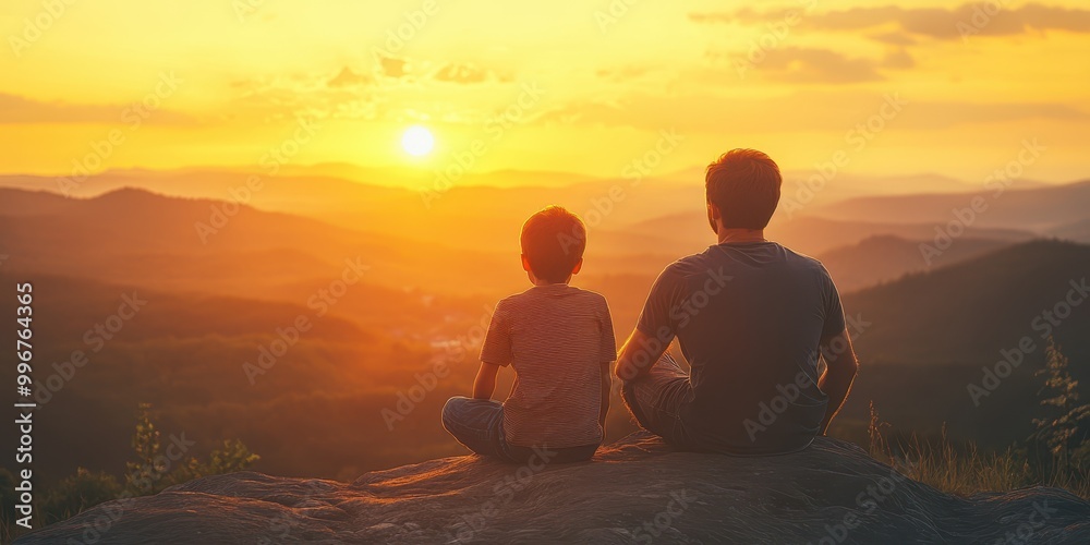 A serene sunset view with a person and child sitting on a rock, enjoying the beautiful landscape and warm glow of nature. A serene sunset view with a person and child sitting on a rock, enjoying the beautiful landscape and warm glow of nature.