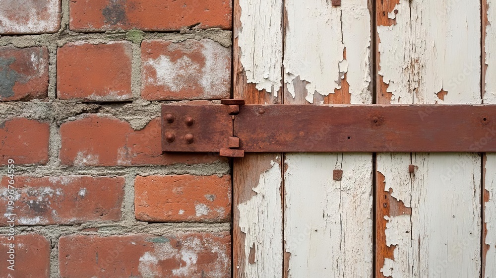 Weathered barn door with peeling paint and rusty hinges, leaning against a brick wall, capturing rural decay and timeless beauty Weathered barn door with peeling paint and rusty hinges, leaning against a brick wall, capturing rural decay and timeless beauty