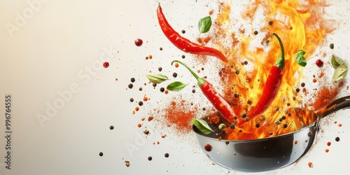 A vibrant cooking scene with fiery spices and fresh ingredients exploding from a pan, showcasing culinary excitement.